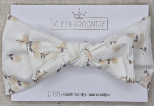 Haarband rib met strik - Wit met bloementjes